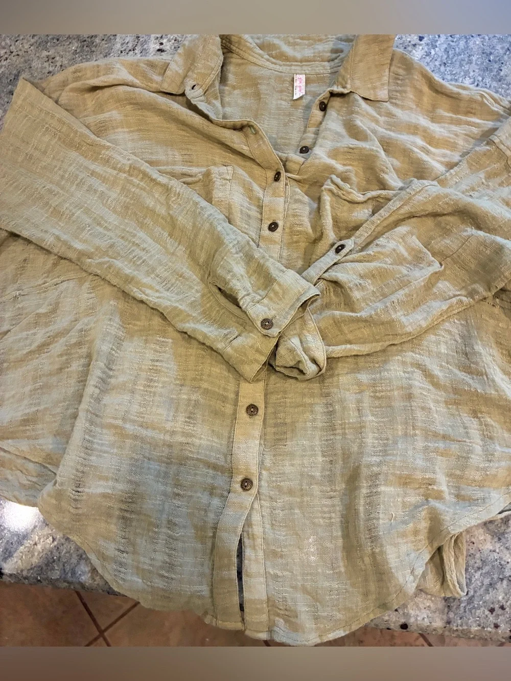 Free People Celery Green Textured Button-Down Shirt with tie back